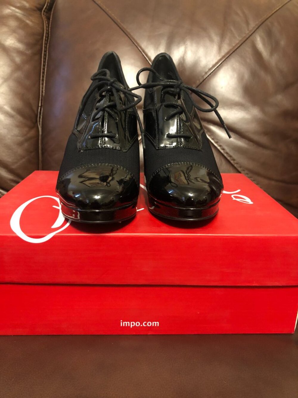 Impo Ozar Black Patent & Woven Stretch Oxford Platform High Heels 7.5 M - Picture 3 of 7